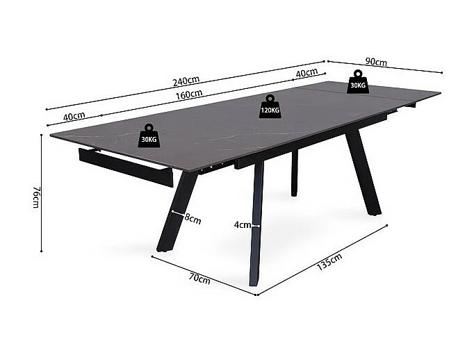 Uitschuifbare eettafel voor 10 personen met een zwart stenen blad uit de LAROS collectie. Structuur van metaal.