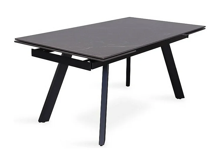 Uitschuifbare eettafel voor 10 personen met een zwart stenen blad uit de LAROS collectie. Structuur van metaal.
