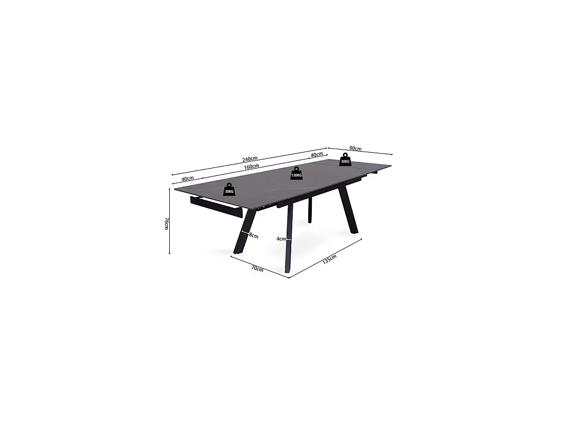 Table à manger extensible pour 10 personnes avec plateau en pierre noire collection LAROS. Structure en métal.