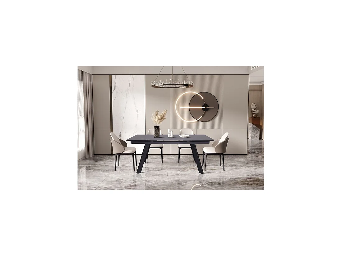 Table à manger extensible pour 10 personnes avec plateau en pierre noire collection LAROS. Structure en métal.