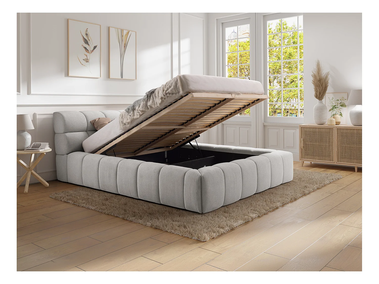 Bed met opbergruimte 160 x 200 cm - Stof - Lichtgrijs + matras - FORVIK van Pascal Morabito