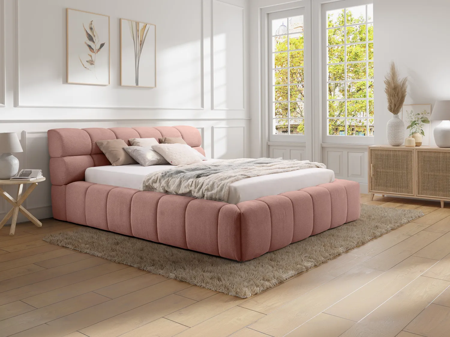 Lit coffre 160 x 200 cm - Tissu - Rose + Matelas - FORVIK de Pascal Morabito