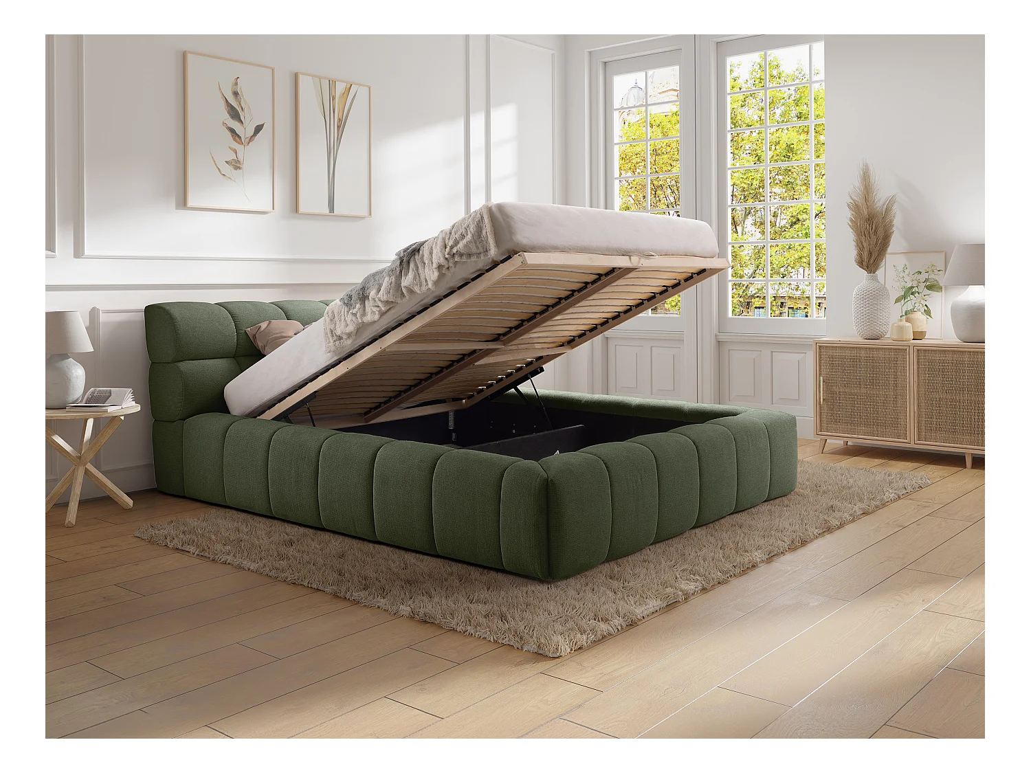 Lit coffre 160 x 200 cm - Tissu - Vert + Matelas - FORVIK de Pascal Morabito