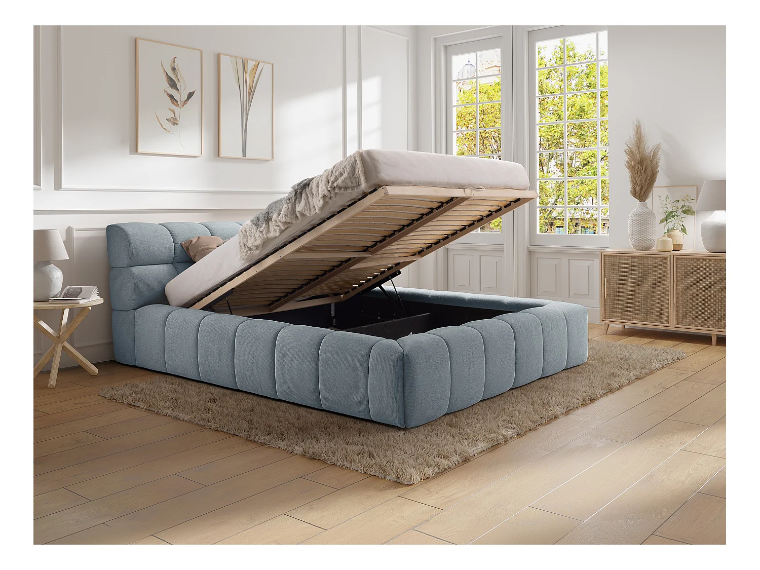 Bett mit Bettkasten + Matratze - 180 x 200 cm - Stoff - Hellblau - FORVIK von Pascal Morabito