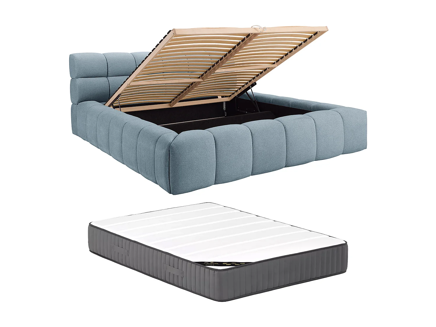 Bett mit Bettkasten + Matratze - 180 x 200 cm - Stoff - Hellblau - FORVIK von Pascal Morabito