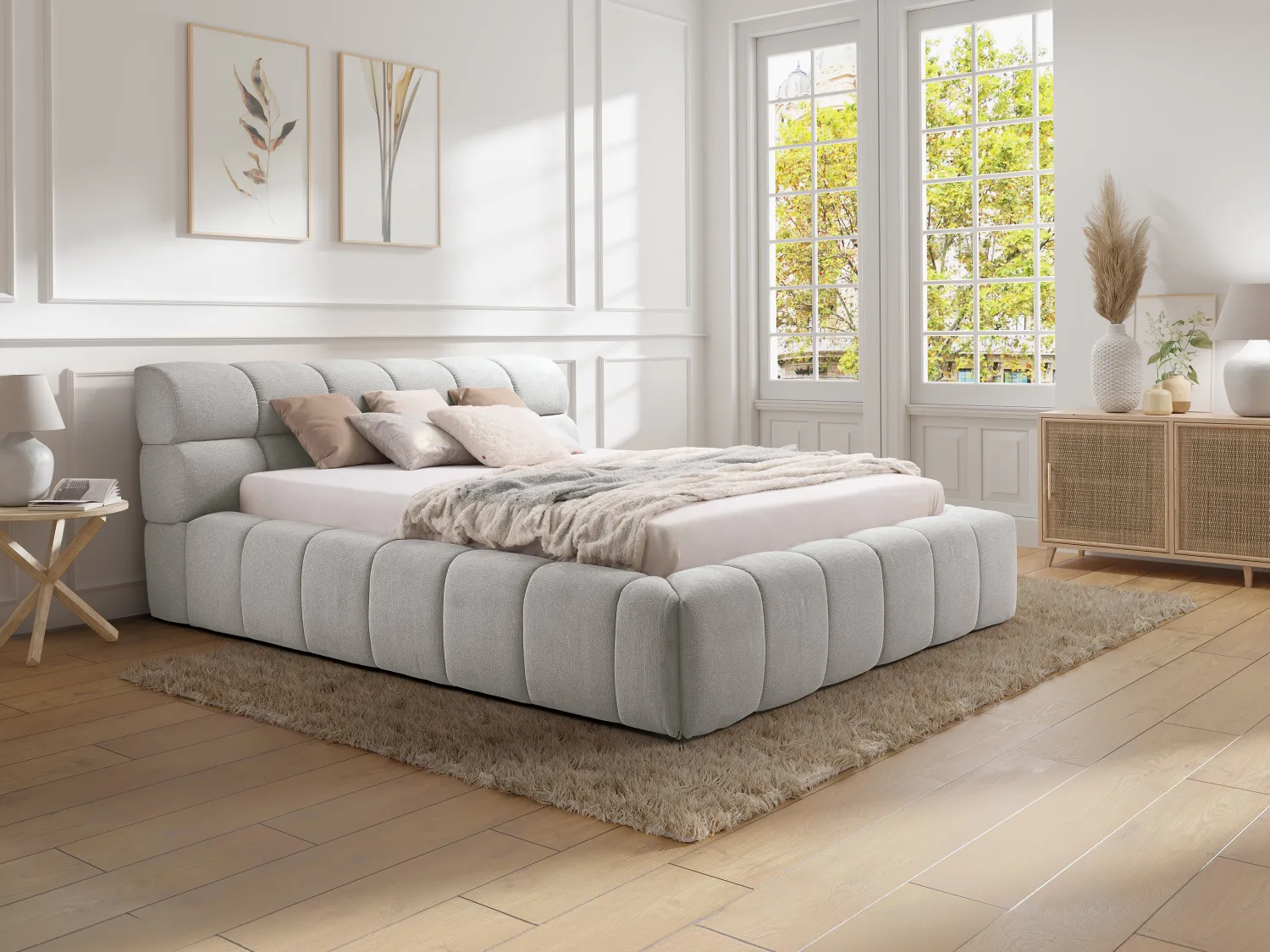 Lit coffre 180 x 200 cm - Tissu - Gris clair + Matelas - FORVIK de Pascal Morabito