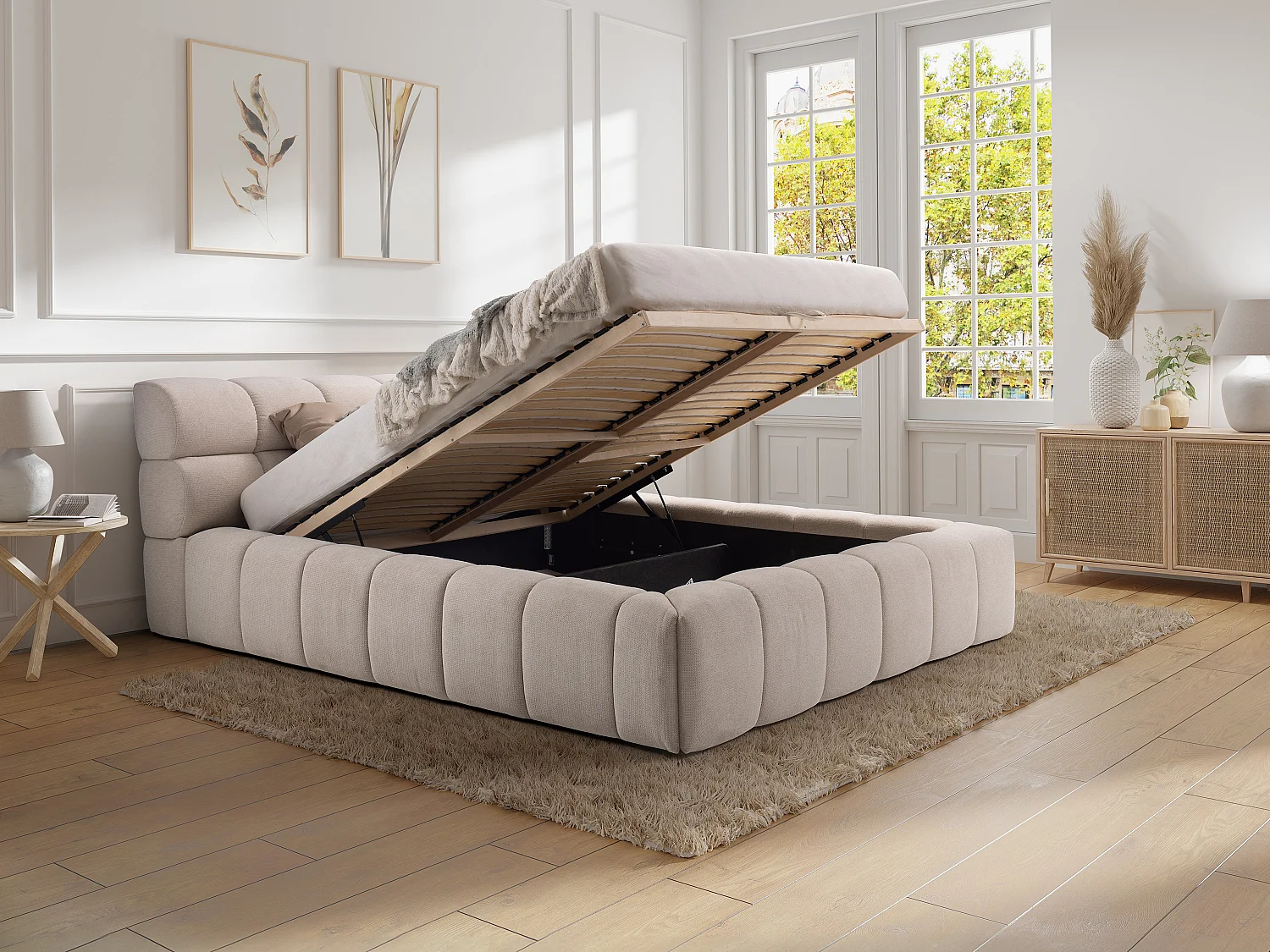 Bed met opbergruimte 180 x 200 cm - Stof - Roze + matras - FORVIK van Pascal Morabito