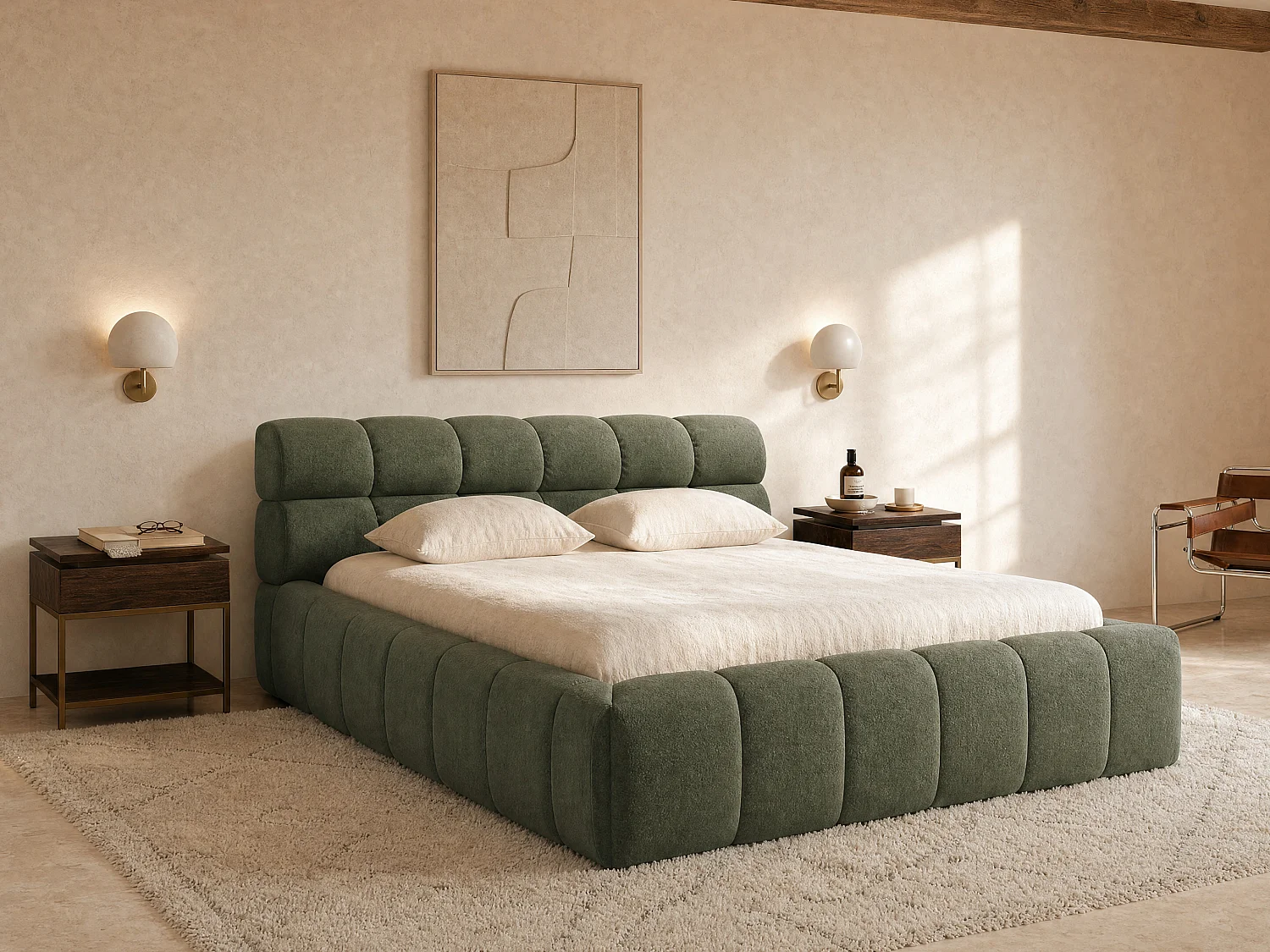 Lit coffre 180 x 200 cm - Tissu - Vert + Matelas - FORVIK
