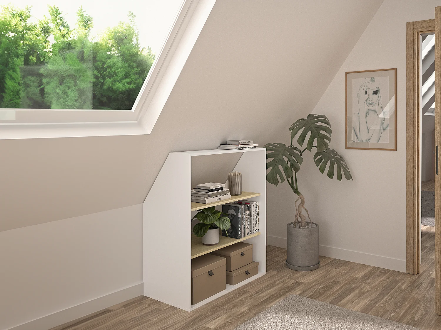 Móvel com inclinação, 2 prateleiras branco e natural - ADEZIO