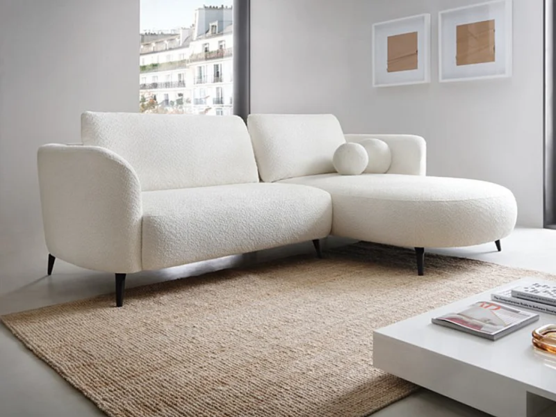 Canapé d'angle droit convertible en tissu bouclette blanc ivoire AREMIA