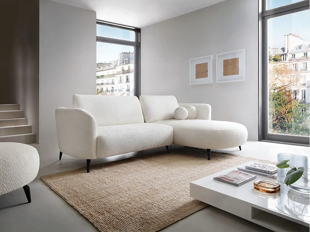 Ecksofa mit Schlaffunktion - Ecke rechts - Bouclé-Stoff - Elfenbeinweiß - AREMIA