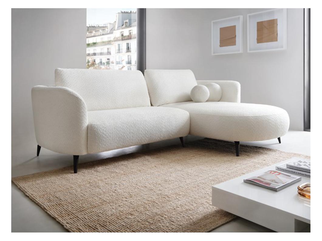 Canapé d'angle droit convertible en tissu bouclette blanc ivoire AREMIA
