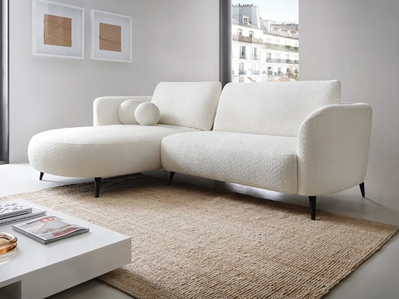 Canapé d'angle gauche convertible en tissu bouclette blanc ivoire AREMIA