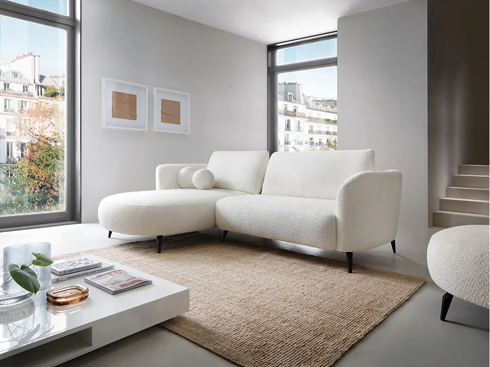 Ecksofa mit Schlaffunktion - Ecke links - Bouclé-Stoff - Elfenbeinweiß - AREMIA