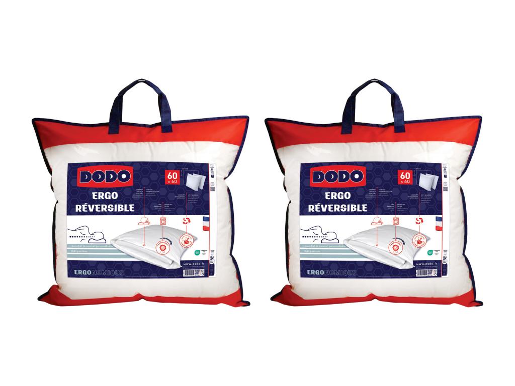 Lot de 2 oreillers DODO ergonomiques anti-acariens à mémoire de forme - 60 x 60 cm - COEUR ADAPT