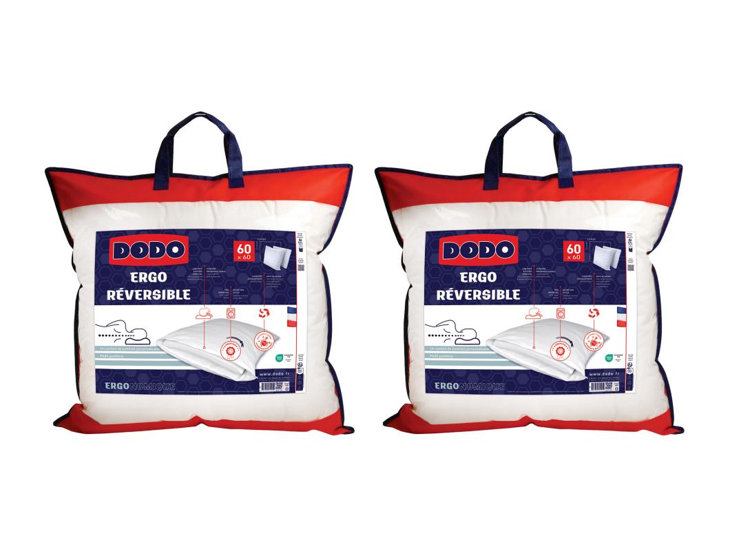 Lot de 2 oreillers DODO ergonomiques anti-acariens à mémoire de forme - 60 x 60 cm - COEUR ADAPT