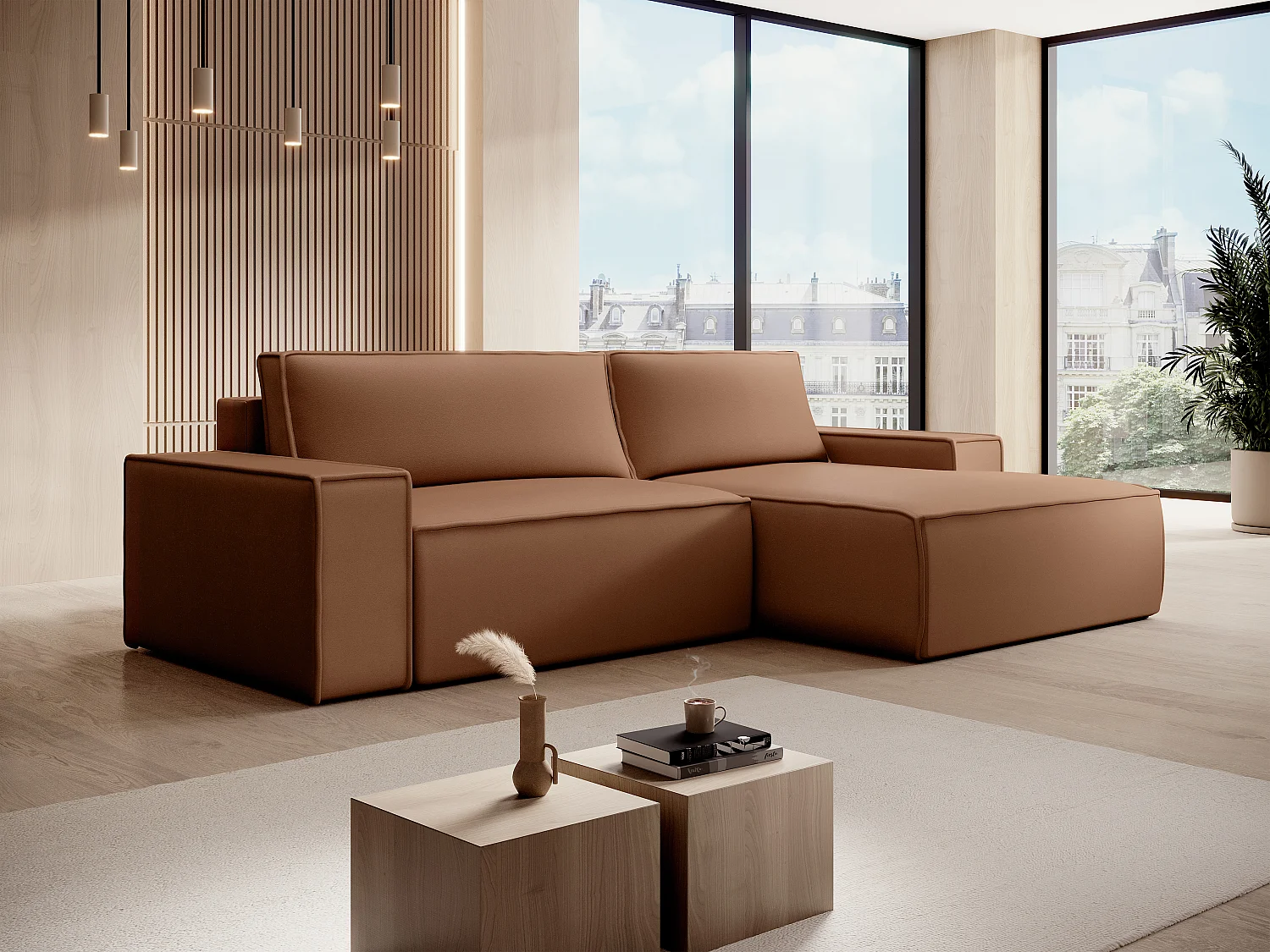 Hoekslaapbank met hoek rechts van bruine stof met leereffect AMELIA