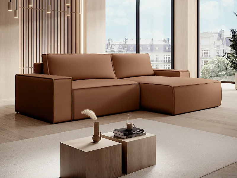 Canapé d'angle droit convertible en tissu effet cuir marron AMELIA