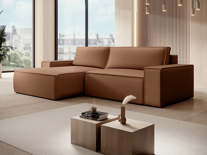 Hoekslaapbank met hoek links van bruine stof met leereffect AMELIA