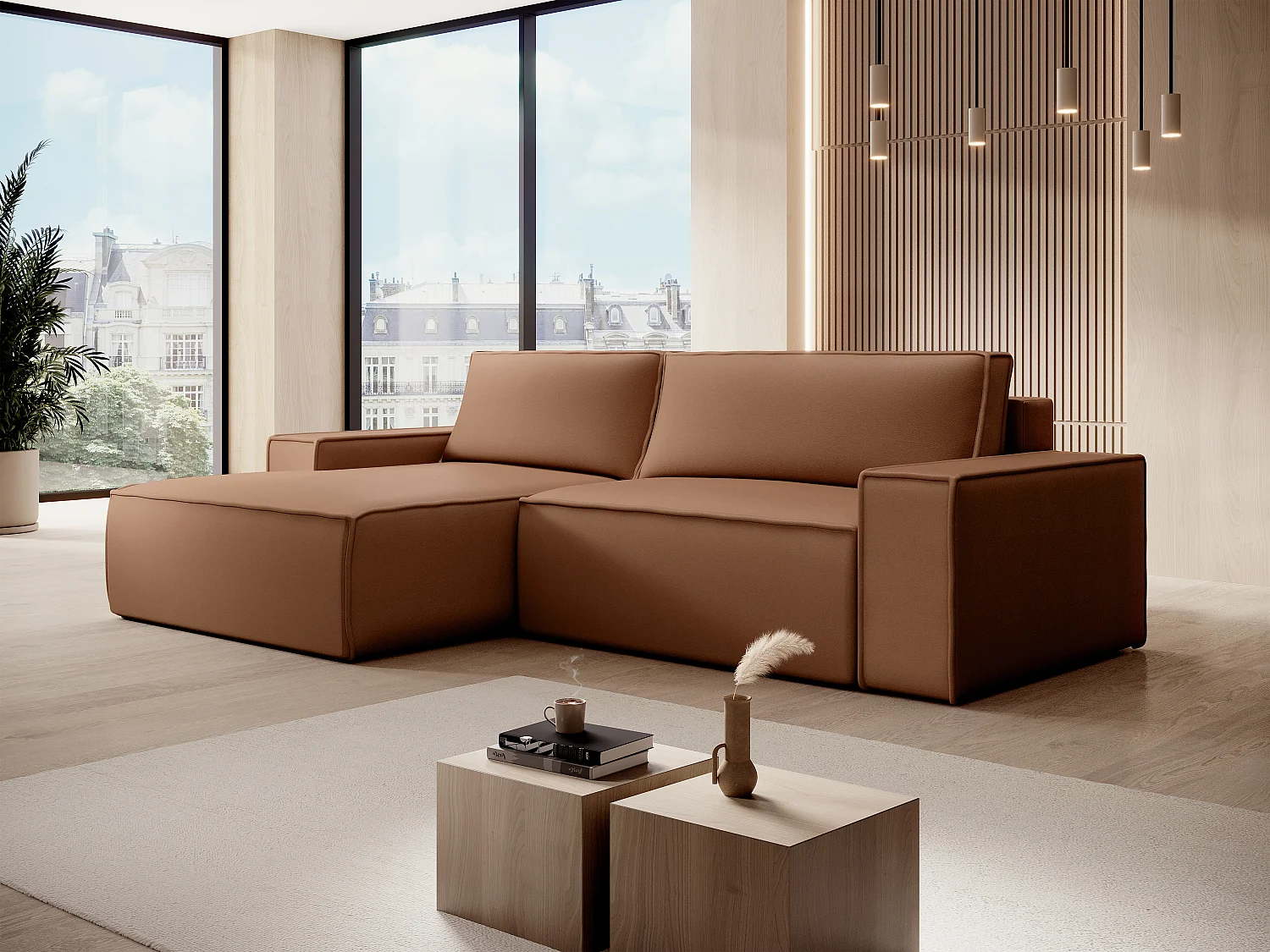 Divano letto angolo a sinistra in Tessuto effetto pelle Marrone  - AMELIA