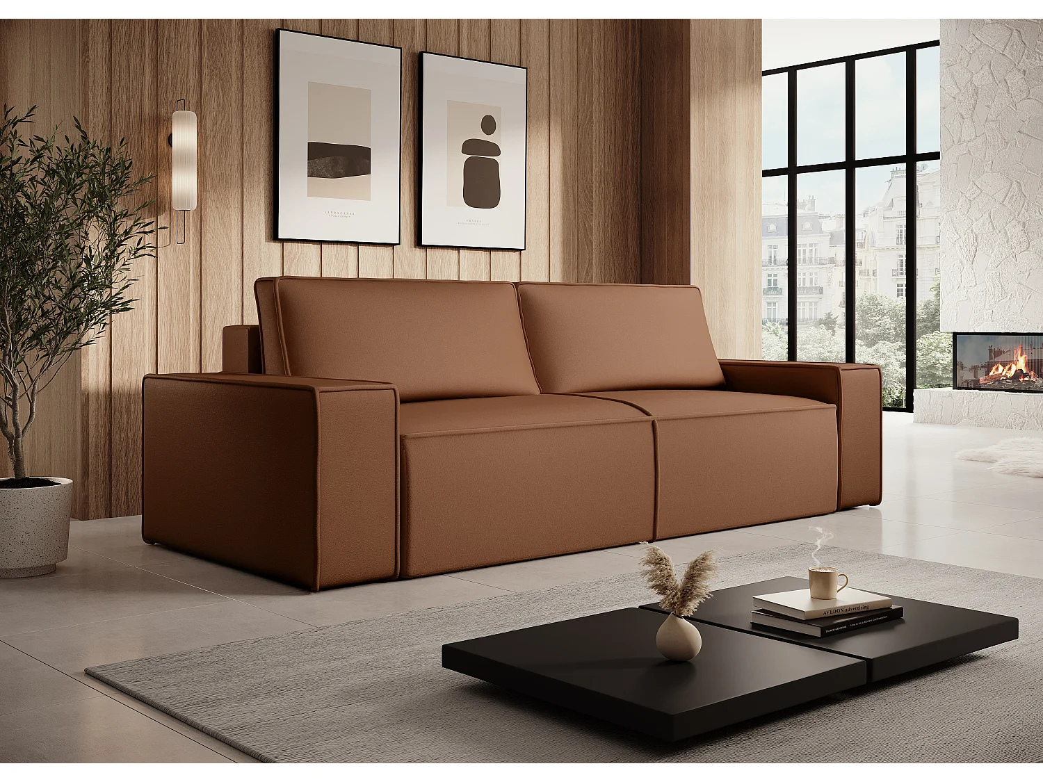 Canapé 4 places convertible en tissu effet cuir marron AMELIA