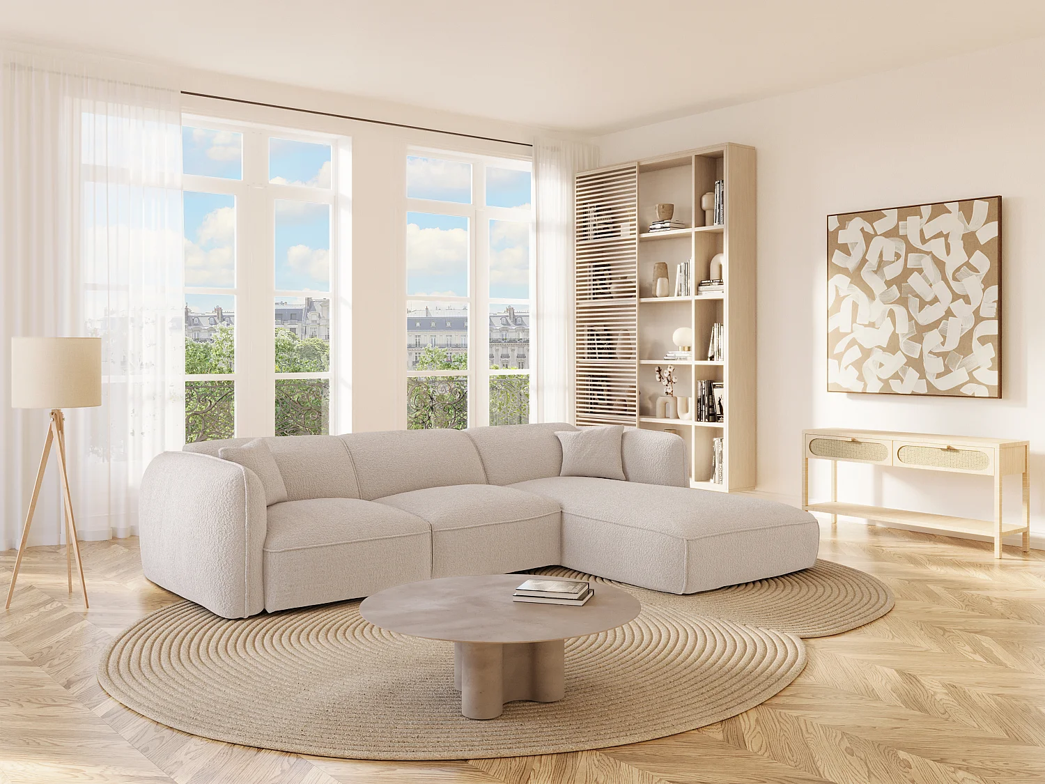 Canapé D'angle Droit RUNILIO En Tissu Beige - 5 Places - Déhoussable - Méridienne - Dimensions 274x160x85 Cm