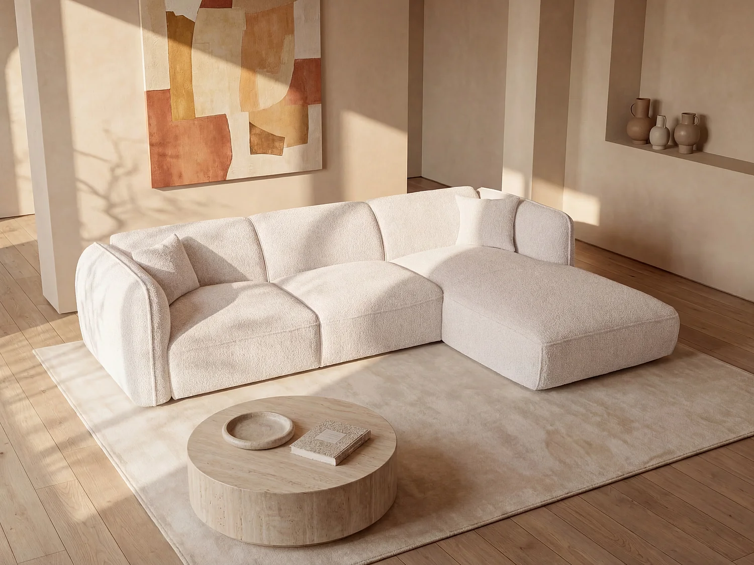 Canapé d'angle droit en tissu texturé beige CAMILIO de Maison Céphy