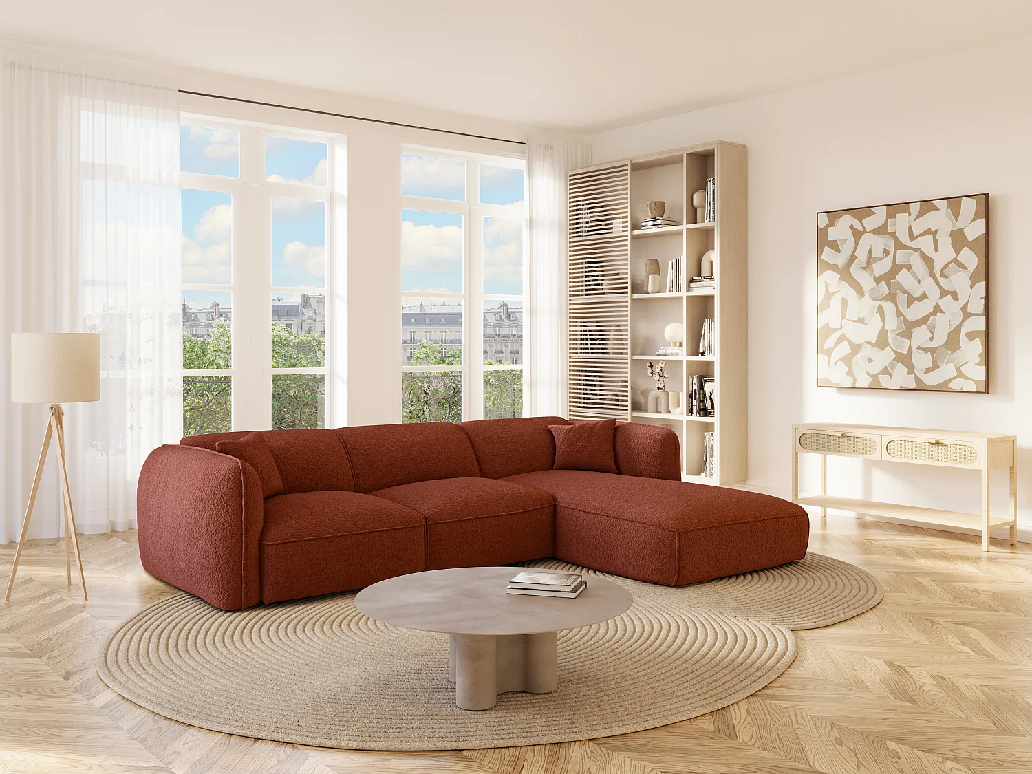 Canapé d'angle droit en tissu chenille terracotta CAMILIO de Maison Céphy