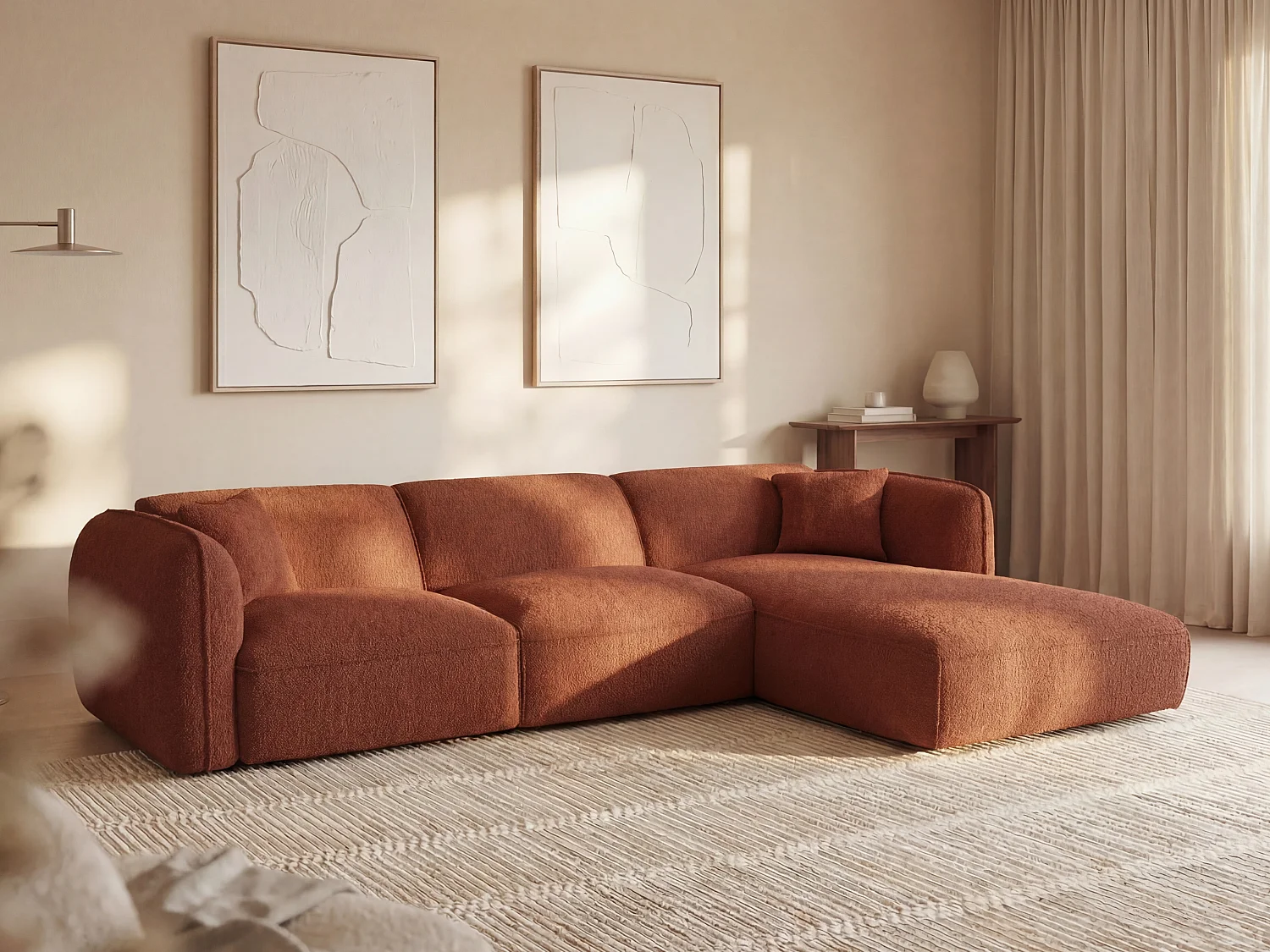 Canapé d'angle droit en tissu texturé terracotta CAMILIO de Maison Céphy