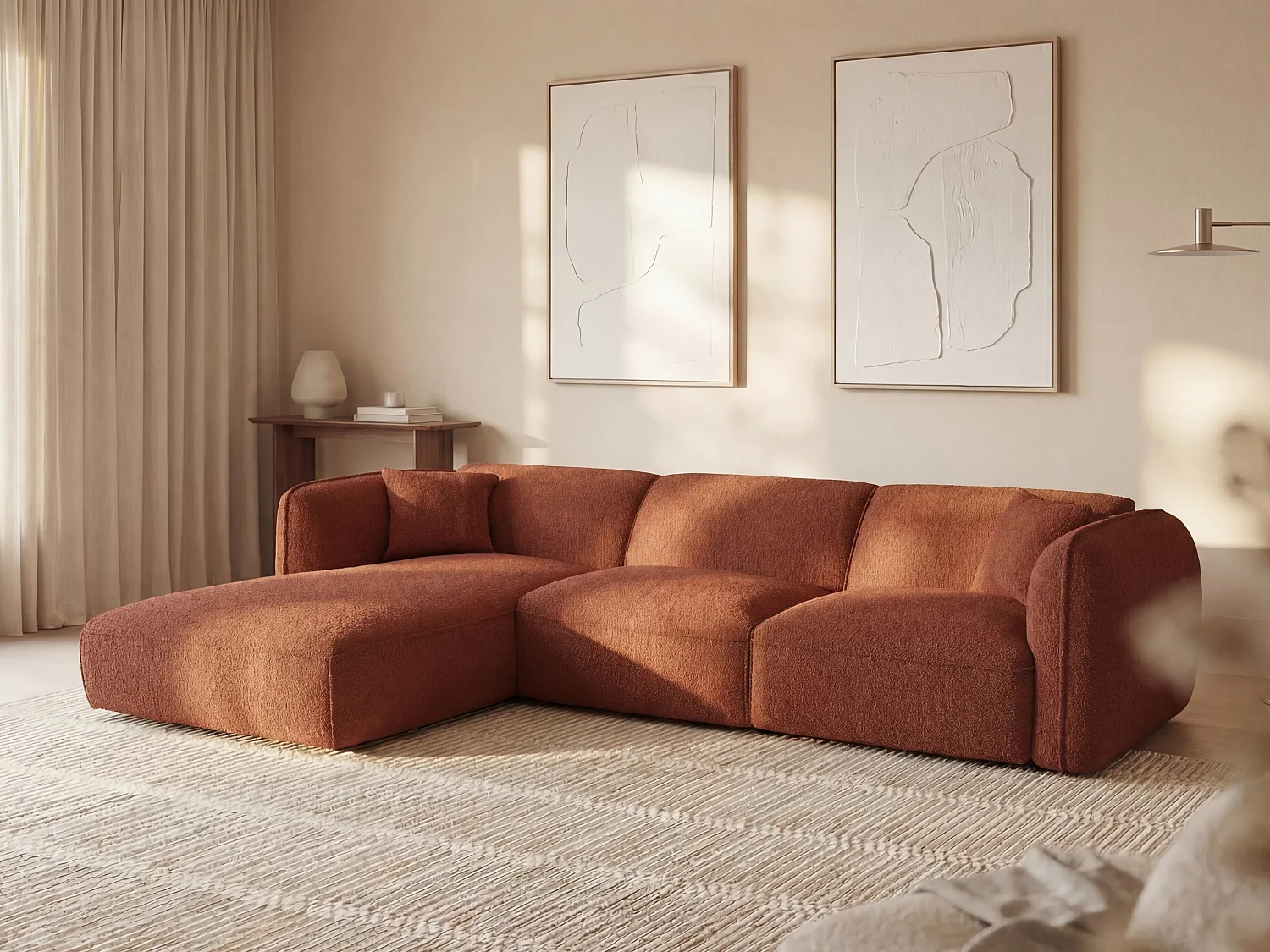 Canapé d'angle gauche en tissu texturé terracotta CAMILIO de Maison Céphy