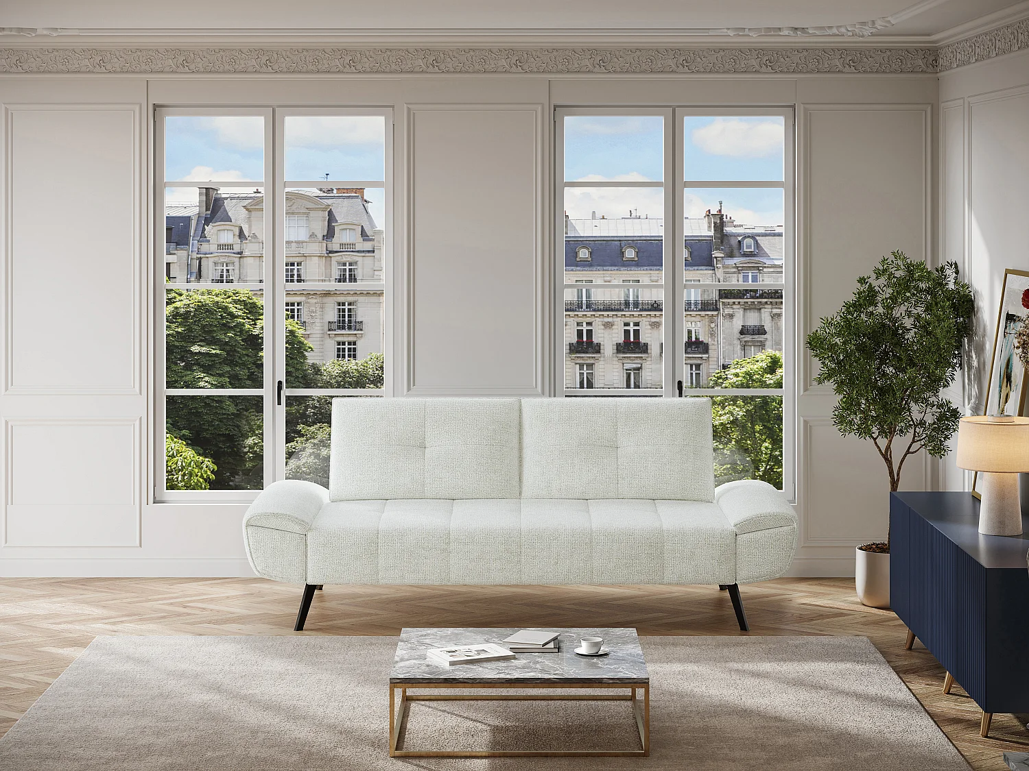 Kanapa 3-osobowa z teksturowaną tapicerką w kolorze kości słoniowej i przesuwnym oparciem - KELOPA