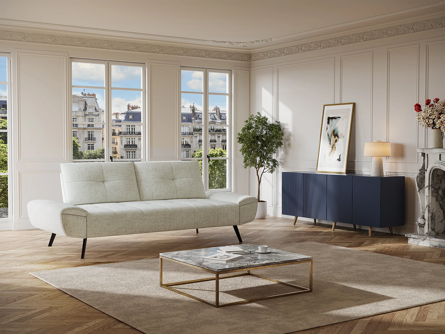 Kanapa 3-osobowa z teksturowaną tapicerką w kolorze kości słoniowej i przesuwnym oparciem - KELOPA