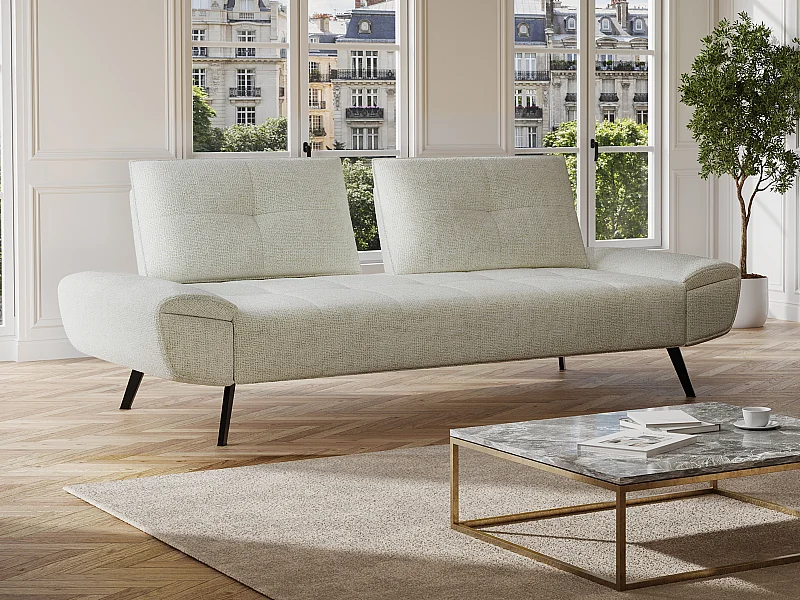 Canapé 3 places en tissu texturé blanc ivoire avec dossier avance-recule KELOPA