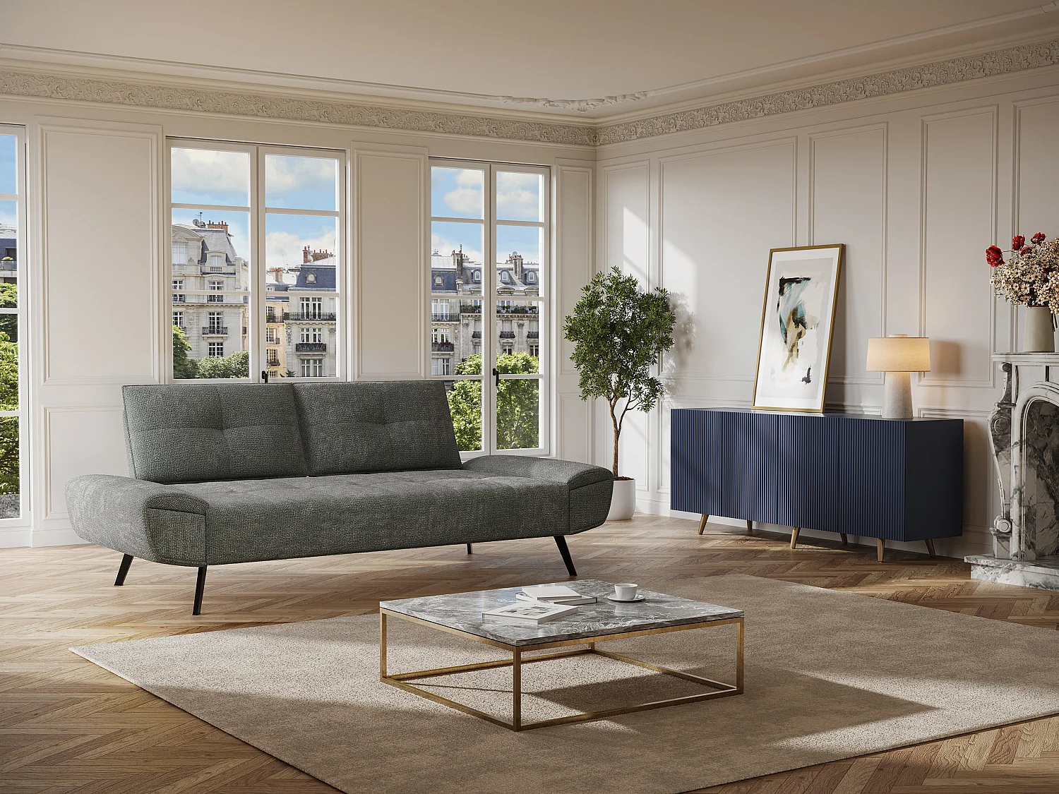 Canapé 3 places en tissu texturé gris avec dossier avance-recule KELOPA