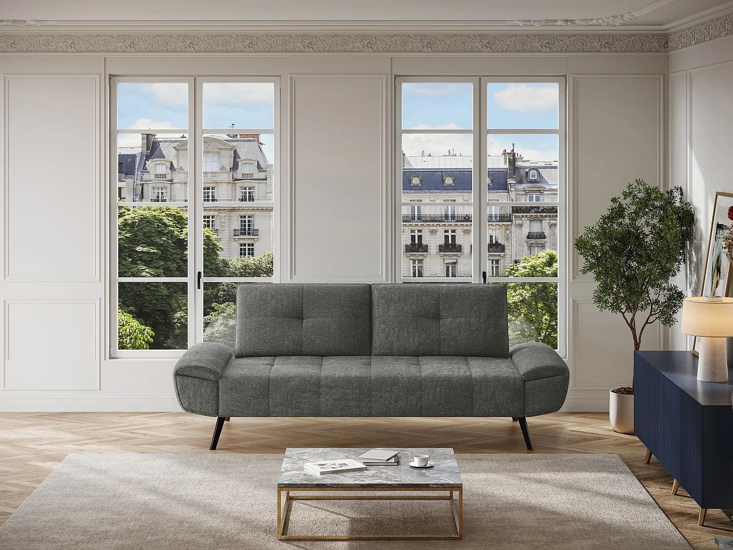 Canapé 3 places en tissu texturé gris avec dossier avance-recule KELOPA