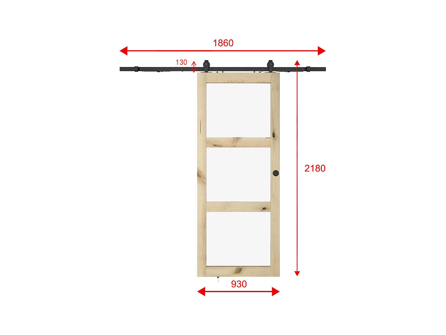 Porte coulissante avec système en applique en bois et verre trempé dépoli - 3 fenêtres - H205 x L93 cm - ACOSTA II