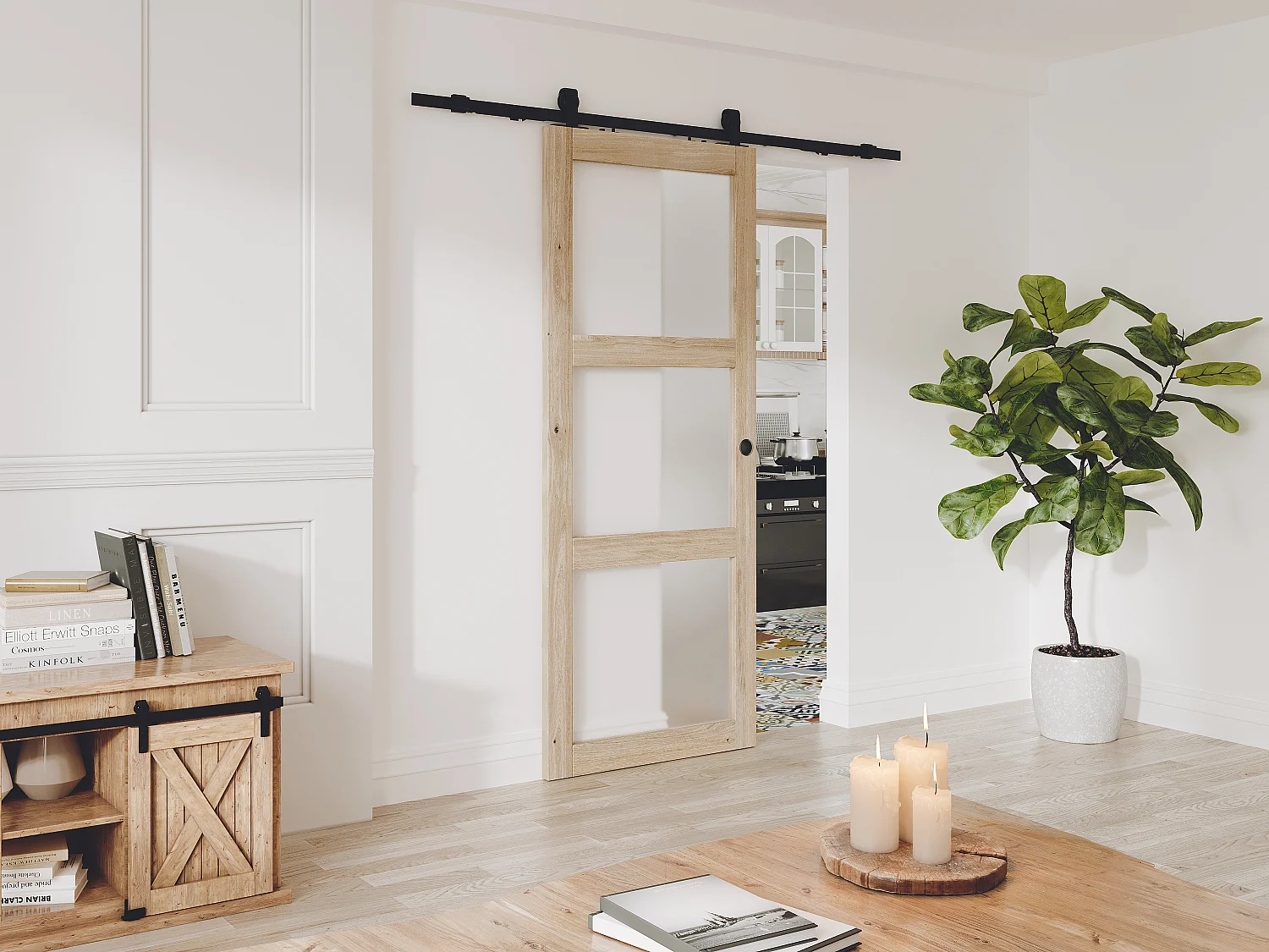 Porte coulissante avec système en applique en bois et verre trempé dépoli - 3 fenêtres - H205 x L93 cm - ACOSTA II