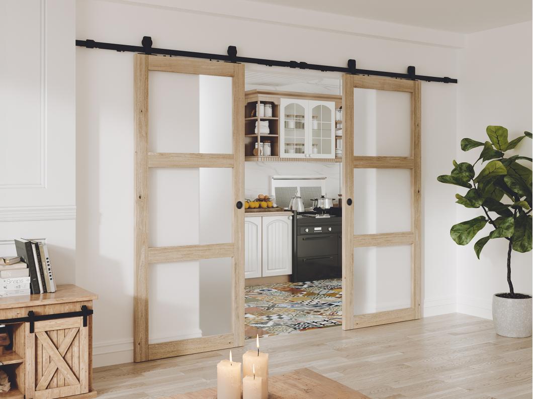 Porte coulissante double avec système en applique en bois et verre trempé dépoli - 3 fenêtres - 2 x H205 x L83 cm - ACOSTA II