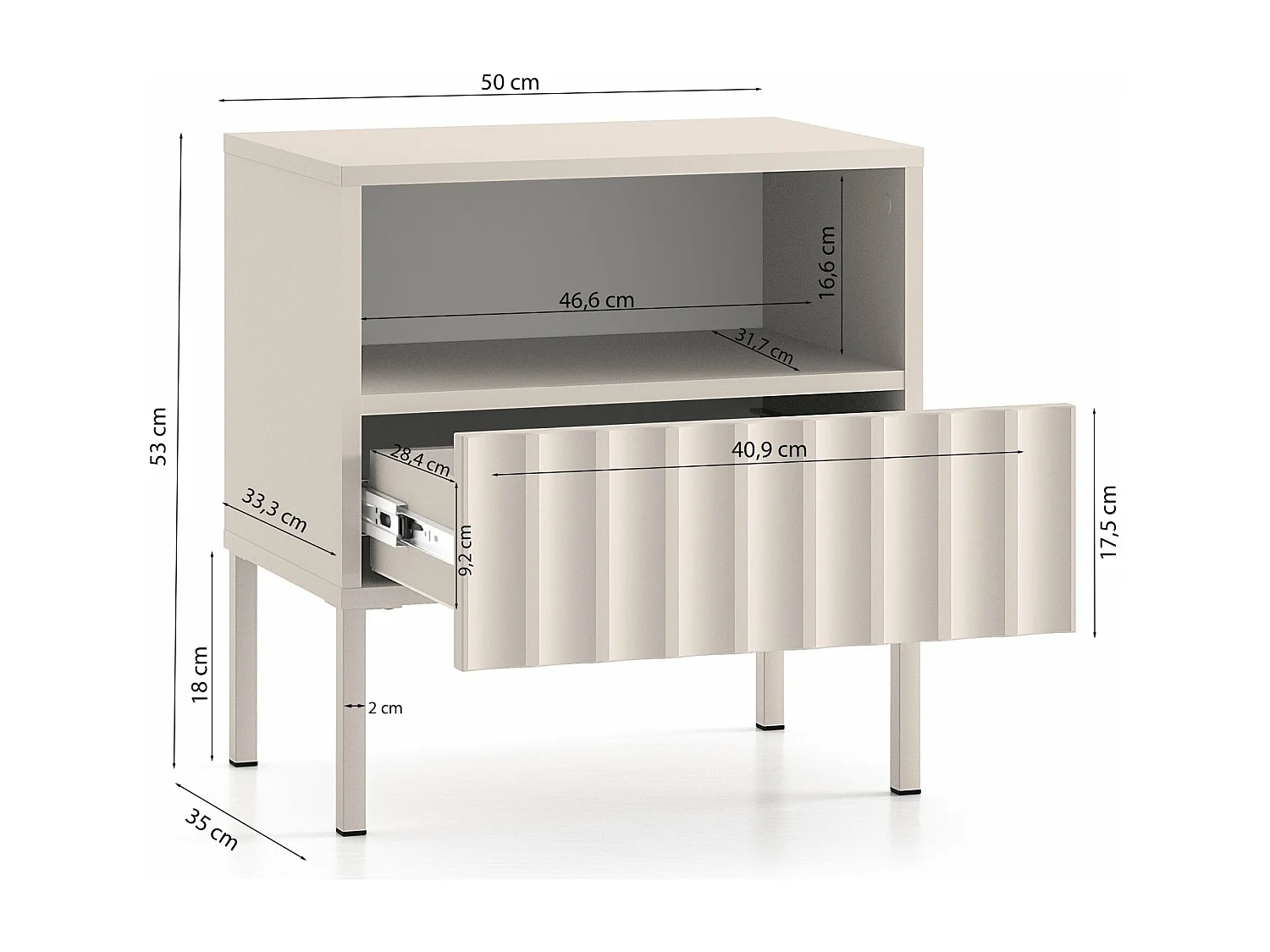 Comodino - 50 cm - con frontali scanalati - beige chiaro - DERRIVA