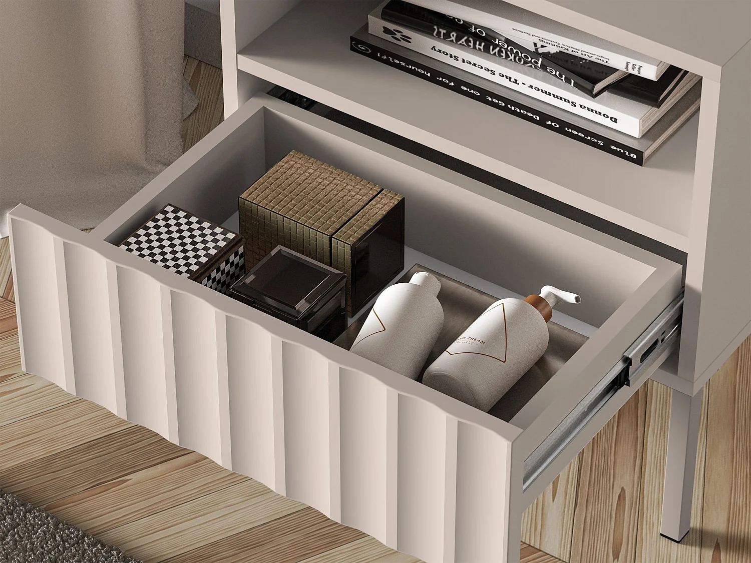 Comodino - 50 cm - con frontali scanalati - beige chiaro - DERRIVA