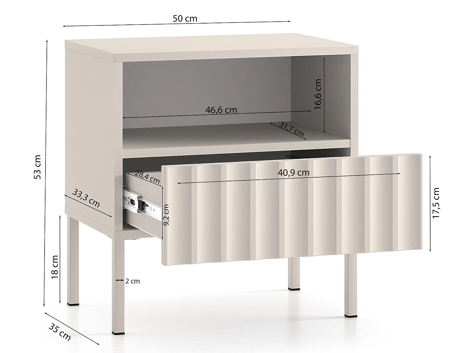 Table de chevet avec façades cannelées - 50 cm beige clair - DERRIVA