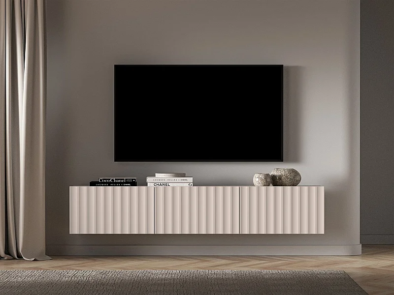 Meuble TV suspendu avec façades cannelées - 170 cm - beige clair - DERRIVA