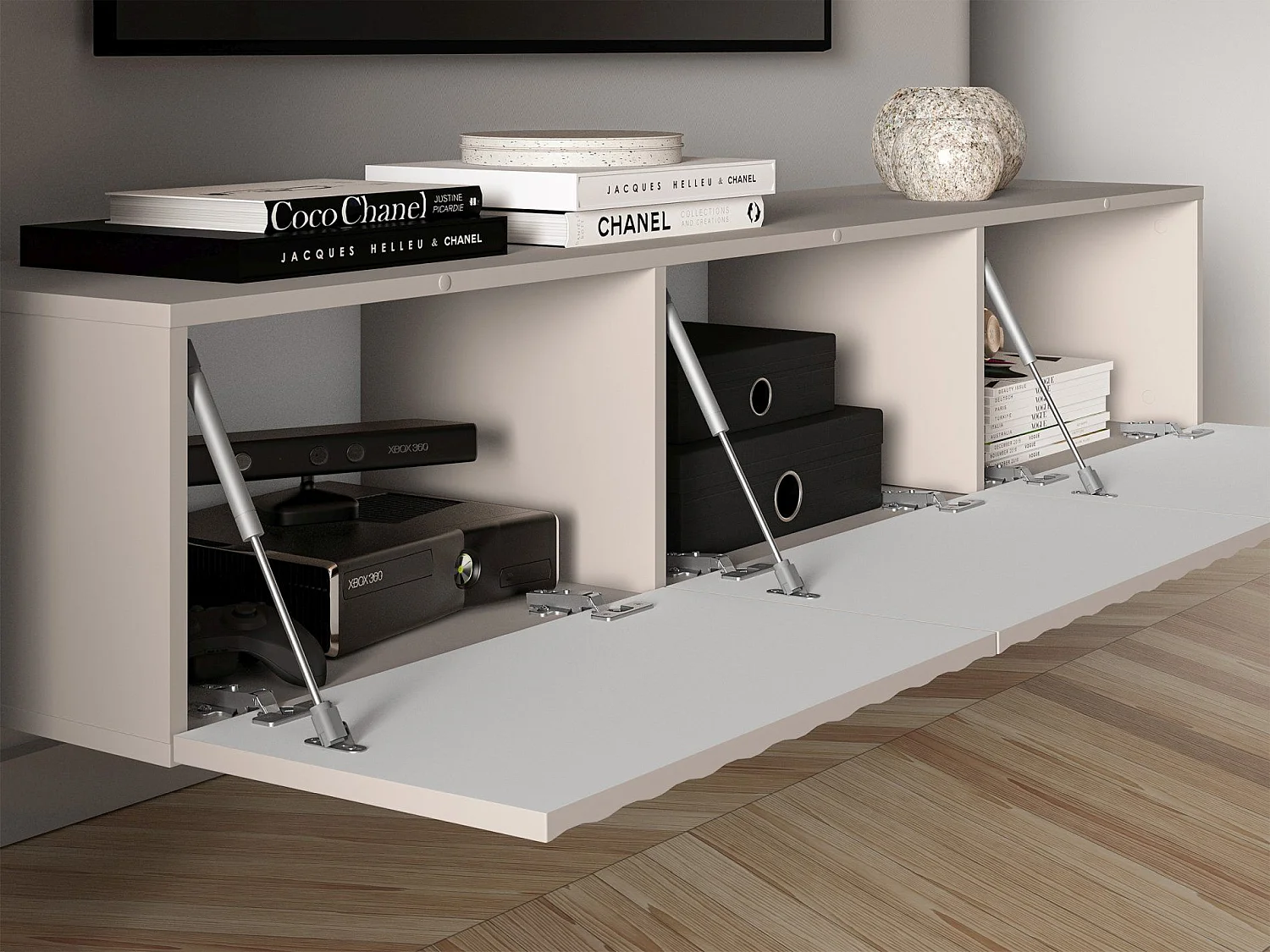 Meuble TV suspendu avec façades cannelées - 170 cm - beige clair - DERRIVA