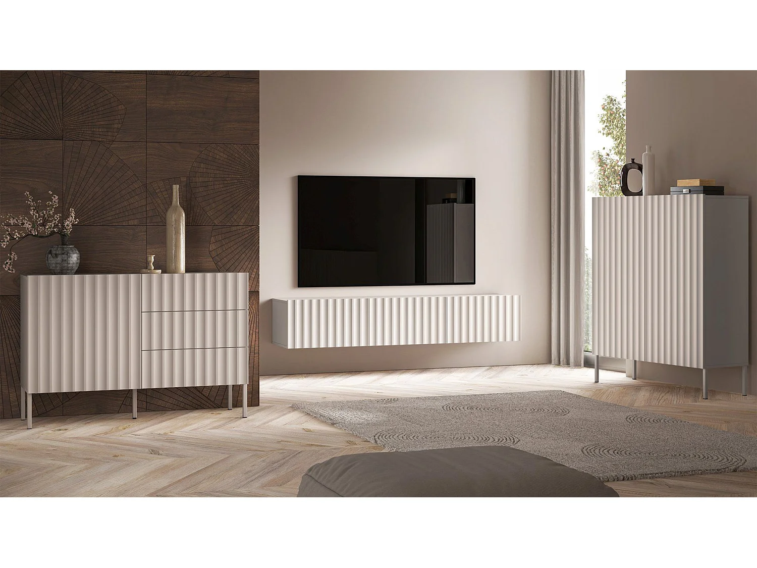 Meuble TV suspendu avec façades cannelées - 170 cm - beige clair - DERRIVA