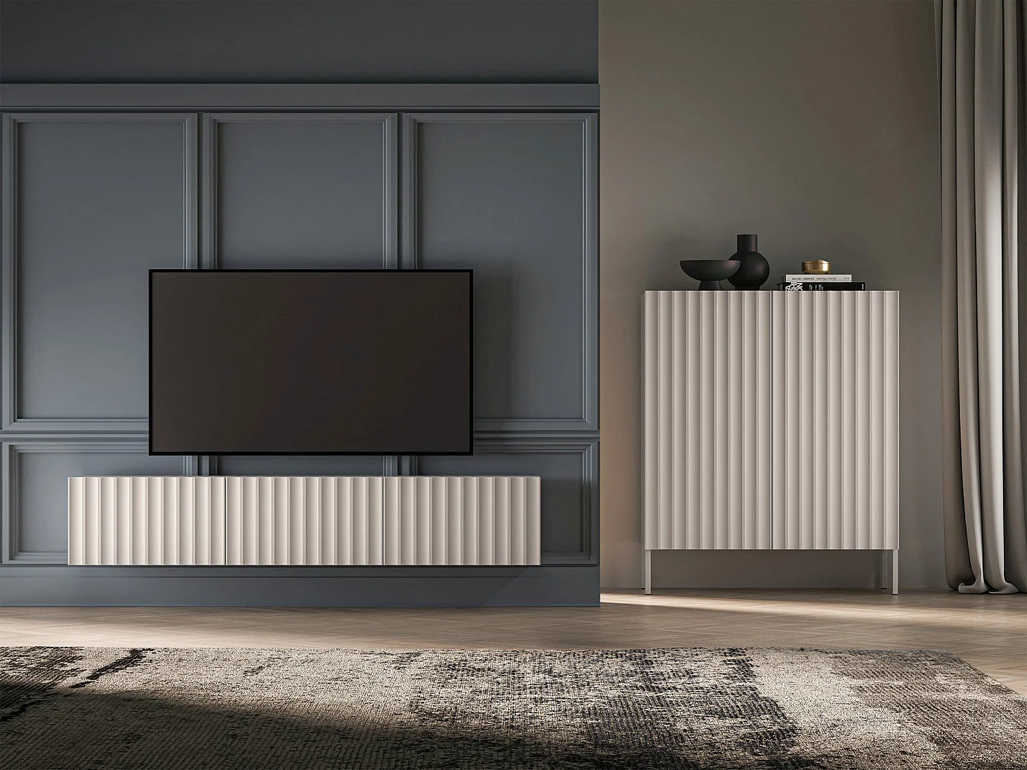Meuble TV suspendu avec façades cannelées - 170 cm - beige clair - DERRIVA