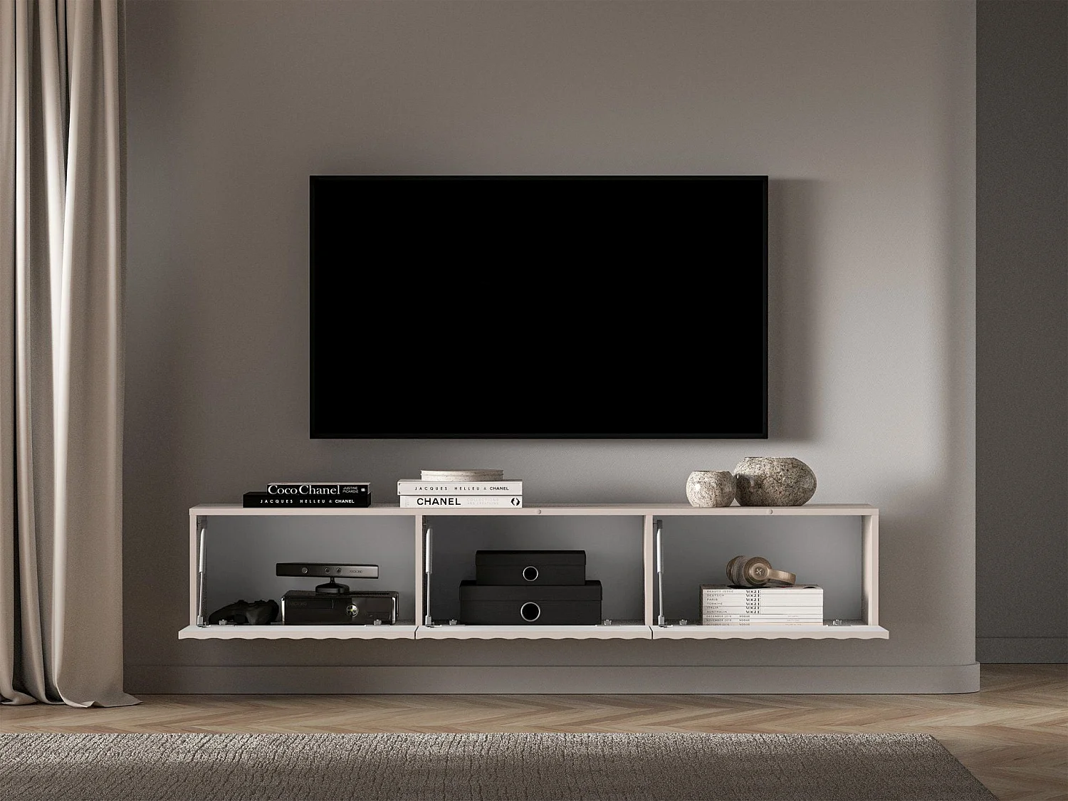 Meuble TV suspendu avec façades cannelées - 170 cm - beige clair - DERRIVA
