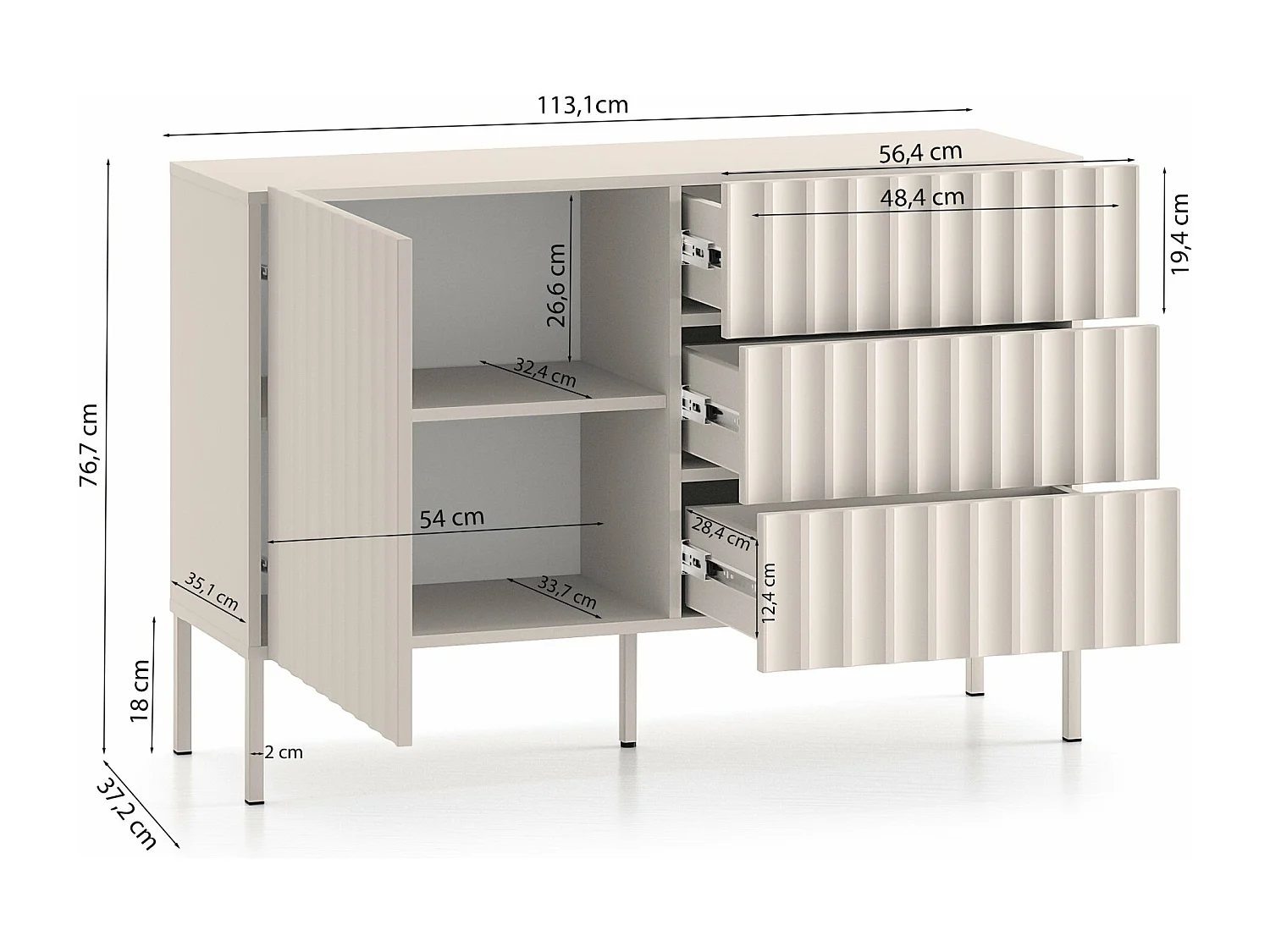 Ladekast met gecanneleerde fronten - 113 cm - lichtbeige - DERRIVA