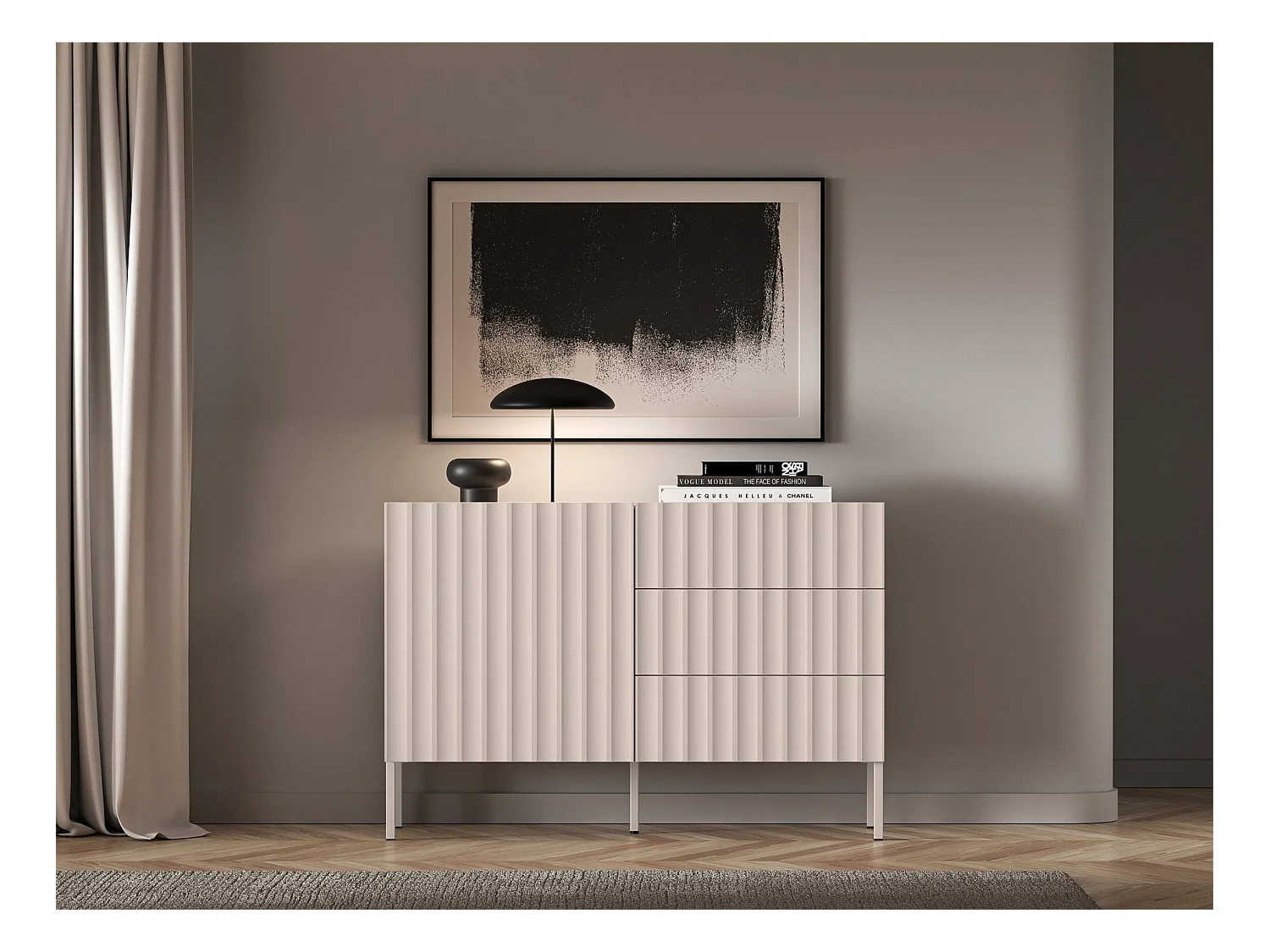 Commode avec façades cannelées - 113 cm - beige clair - DERRIVA