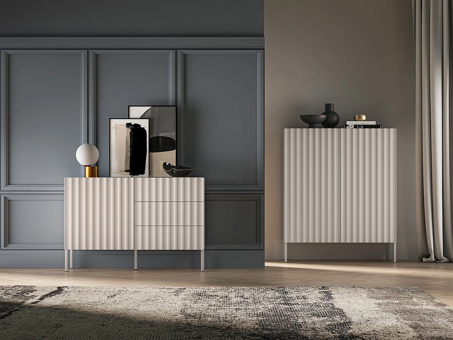 Commode avec façades cannelées - 113 cm - beige clair - DERRIVA