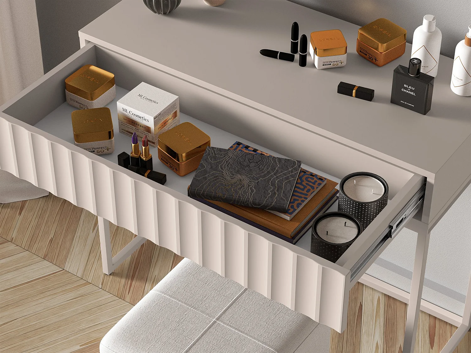 Coiffeuse avec tiroir et façades cannelées - 91 cm - beige clair - DERRIVA